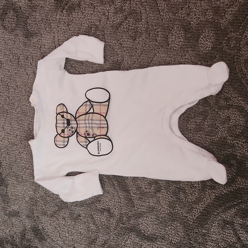 Burberry White Baby One-Piece with Check Teddy